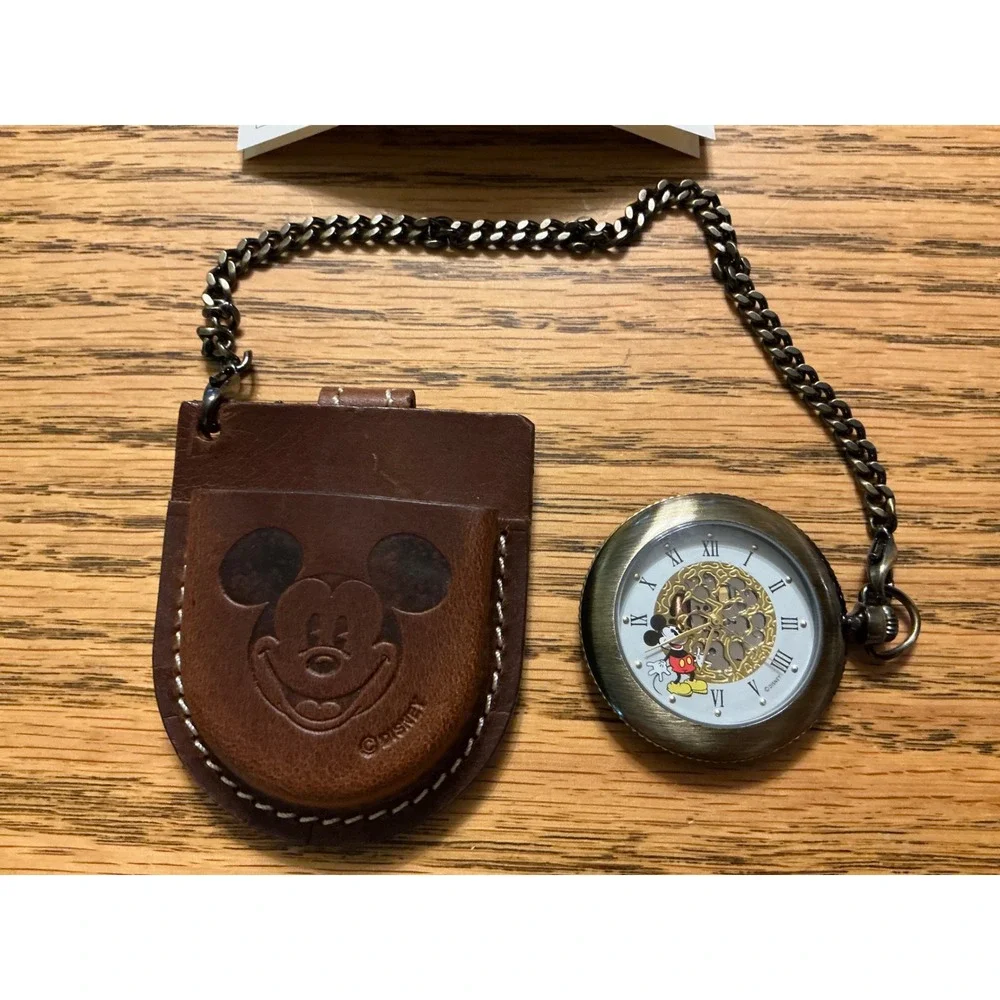 Tg New Disney Mickey Mouse Pocket Watch w/Leather Case & original box bronze